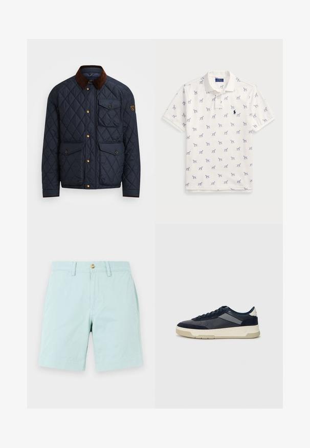 Námořnická prošívaná bunda s hnědým kordovým límcem, vybavená zlatými patentkami, čtyřmi předními kapsami a logem na levém rukávu.; Bílá polo tričko vyrobené z bavlny, s opakovaným modrým vzorem psů a malým modrým logem na hrudi. Krátké rukávy a límeček.; Světlé modré krátké kalhoty z bavlny s hladkým předním dílem, poutky na opasek, jedním knoflíkovým zapínáním a bočními kapsami.; BOSS BALTIMORE - Tenisky - open blue