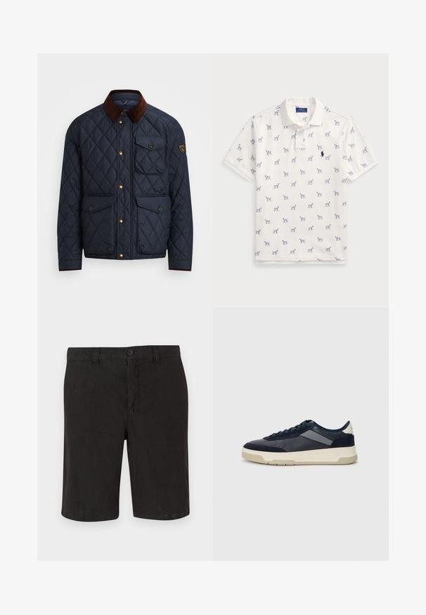 Navy quilted jacket with brown corduroy collar, featuring gold snap buttons, four front pockets, and a logo patch on the left sleeve.; White polo shirt made of cotton, featuring a repeated blue dog pattern and a small blue logo on the chest. Short sleeves and collar.; Black linen shorts with a button-front closure, flat front design, and straight cut. Lightweight fabric with a smooth finish.; BOSS BALTIMORE - Trainers - open blue