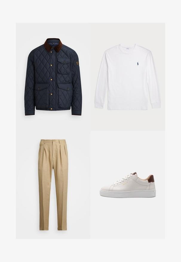 Chaqueta acolchada en color navy con cuello de pana marrón, que cuenta con botones a presión dorados, cuatro bolsillos frontales y un parche de logo en la manga izquierda.; Camiseta blanca de manga larga hecha de algodón. Presenta un cuello redondo, puños acanalados y un pequeño logotipo de polo azul marino en el lado izquierdo del pecho.; Pantalones de lino beige con corte recto, con dos pliegues frontales, cierre de botón y bolsillos laterales. Tejido texturizado con un acabado suave.; Zapatilla blanca de cuero con textura suave, suela de goma blanca y lengüeta de cuero marrón. Cuenta con cordones redondos y detalle del logo en relieve.