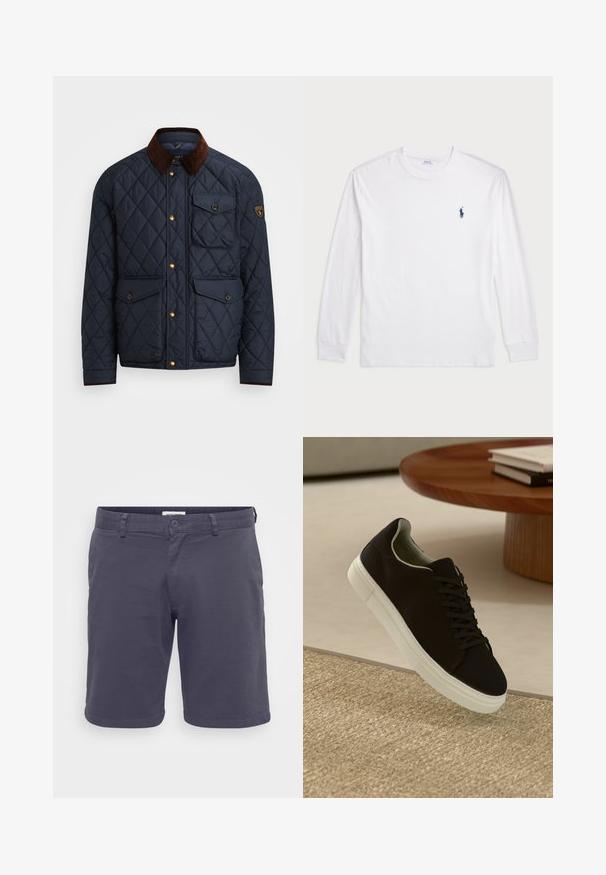 Navy quilted jacket with brown corduroy collar, featuring gold snap buttons, four front pockets, and a logo patch on the left sleeve.; White long-sleeve T-shirt made of cotton. Features a round neckline, ribbed cuffs, and a small navy blue polo logo on the left chest.; Men's dark gray shorts made of lightweight fabric, featuring a button closure, belt loops, and a plain design with no visible patterns.; Black sneaker with white sole floating above beige textured rug near round wooden table with stacked books.