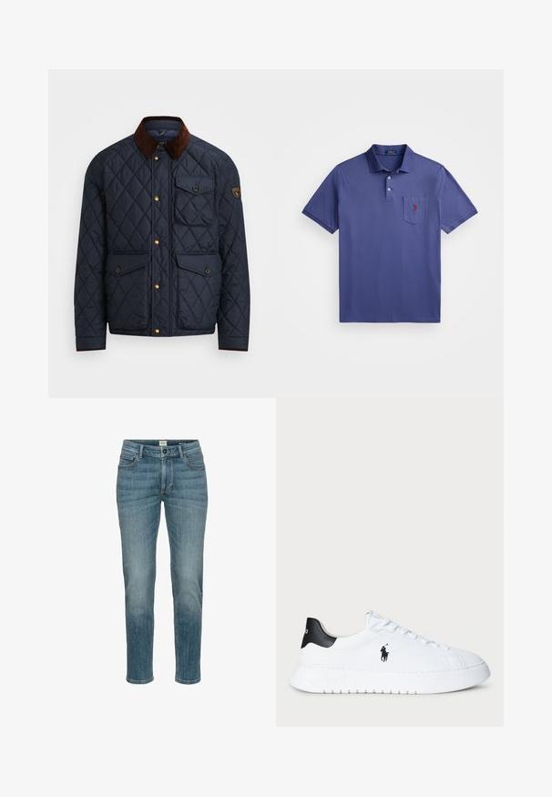 Marineblå quiltet jakke med brun fløjlskrave, der har gyldne trykknapper, fire frontlommer og et logo-patch på venstre ærme.; Lilla polo skjorte lavet af bomuld, med en tre-knap slå-om, korte ærmer og en brystlomme med en rød logo broderi.; Lyseblå denim-jeans med en regular fit. Har fem lommer, bæltestropper og subtile syninger. Glat tekstur, lige ben-design.; Hvide lavtop sneakers med sort hælflig og sort Polo Ralph Lauren-logo på siden, forsynet med hvide snørebånd og tyk gummisål.