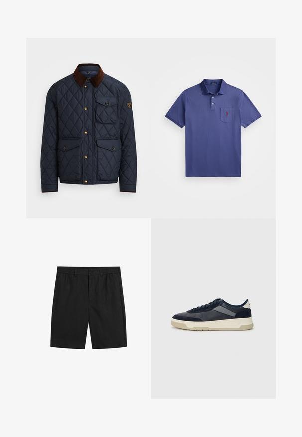 Granatowa pikowana kurtka z brązowym kołnierzem z kordurowej tkaniny, z złotymi zatrzaskami, czterema kieszeniami z przodu i naszywką z logo na lewym rękawie.; Fioletowa koszulka polo z bawełny, z trzema guzikami, krótkimi rękawami oraz kieszonką na piersi z czerwonym haftem logo.; Czarne szorty wykonane z lekkiego materiału, z elastycznym pasem, zapięciem na guzik i prostym krojem bez wzorów.; BOSS BALTIMORE niebieski