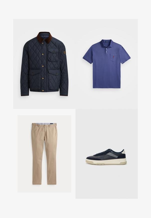 Casaco acolchoado azul-marinho com gola de veludo castanho, apresentando botões de pressão dourados, quatro bolsos frontais e um emblema no braço esquerdo.; Camisa polo roxa feita de algodão, com uma pala de três botões, mangas curtas e um bolso no peito com um bordado de logo vermelho.; Chinos cáqui com um design de perna reta, feitos de tecido de algodão. Inclui um fecho frontal seguro com botão e passantes para cinto.; BOSS BALTIMORE - Sapatilhas - open blue