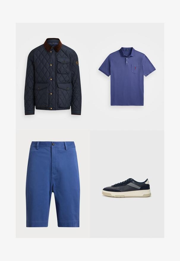 Casaco acolchoado azul-marinho com gola de veludo castanho, apresentando botões de pressão dourados, quatro bolsos frontais e um emblema no braço esquerdo.; Camisa polo roxa feita de algodão, com uma pala de três botões, mangas curtas e um bolso no peito com um bordado de logo vermelho.; Calções de algodão azuis com frente lisa, fecho de botão único e passantes para cinto. Pernas de corte reto sem padrões ou acentos visíveis.; BOSS BALTIMORE - Sapatilhas - open blue