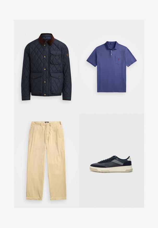 Marinblå quiltad jacka med brunt kordflosskoll, prydd med guldfärgade tryckknappar, fyra framfickor och en logotypapplikation på vänster ärm.; Lila pikétröja i bomull med en tre-knapps knappslå, korta ärmar och en bröstficka med röd logotypbroderi.; Polo Ralph Lauren THE BIG CORDUROY PANT - Tygbyxor - andover cream; BOSS BALTIMORE - Sneakers - open blue