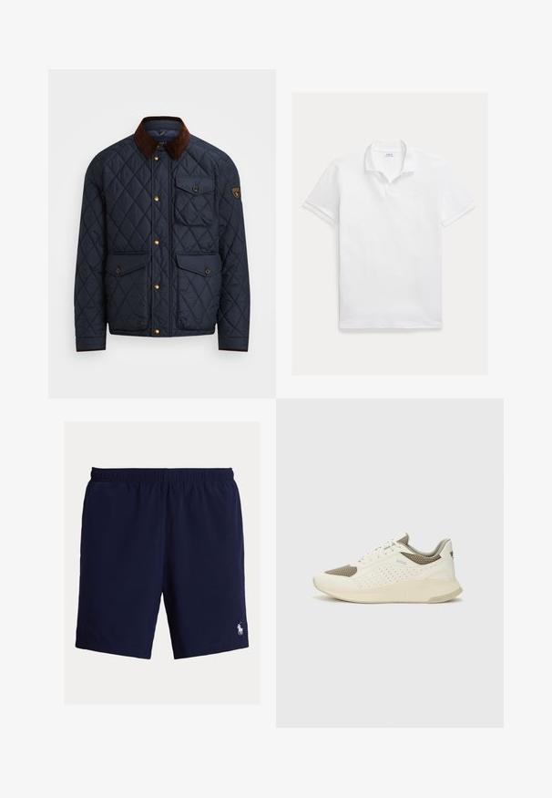 Veste matelassée marine avec col en velours côtelé brun, dotée de boutons-pression dorés, de quatre poches avant et d'un patch logo sur la manche gauche.; Polo blanc en coton. Présente un col classique, des manches courtes et un logo brodé sur la poitrine. Texture lisse et légère.; Shorts de bain bleu marine en tissu léger, dotés d'une ceinture élastique et d'un petit logo brodé sur la partie inférieure de la jambe droite.; Basket de sport blanche et beige clair, avec une tige en maille, des détails perforés et une semelle intermédiaire texturée avec un logo sur le talon.