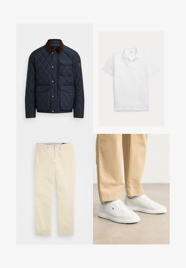 Marinblå quiltad jacka med brunt kordflosskoll, prydd med guldfärgade tryckknappar, fyra framfickor och en logotypapplikation på vänster ärm.; Vit pikétröja i bomull. Har en klassisk krage, korta ärmar och en broderad logotyp på bröstet. Slät, lätt textur.; Polo Ralph Lauren STRETCH STRAIGHT FIT CORDUROY TROUSER - Tygbyxor - guide cream; Vita lädersneakers med en slät yta, rund tå, snörningsdesign och diskret logotypdetalj på sidan, kombinerat med beige byxor.