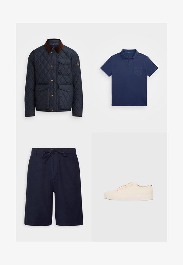 Jūrinis šiltas striukė su rudu kordurojo apykakle, su auksiniais spaustukais, keturiomis priekinėmis kišenėmis ir logotipo pleistru kairiajame rankove.; Tamsiai mėlynas polo marškinėliai su trumpu apykakle, krūtinės kišene ir siuvinėjimu. Pagaminti iš minkštos, tekstūruotos medžiagos.; Tamsiai mėlyni šortai, pagaminti iš lengvo audinio, turintys raištelio juosmenį, mygtuko užsegimą ir šonines kišenes. Lygi tekstūra ir pritaikyta forma.; Šviesiai rudos drobės sportbačiai su apvalia nosimi, plokščiu guminiu padu ir raišteliais priekyje. Pasižymi minimalizmu ir juodu akcentu kulne.