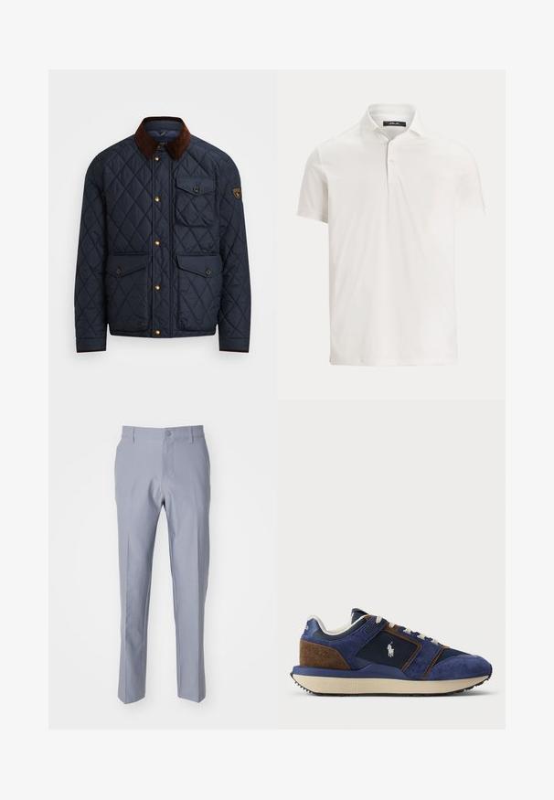 Giacca trapuntata navy con colletto in velluto a coste marrone, dotata di bottoni a pressione dorati, quattro tasche frontali e una toppa con logo sulla manica sinistra.; Polo da uomo bianca a maniche corte con colletto, due bottoni e una discreta etichetta con logo all'interno del colletto.; Pantaloni grigi chiari realizzati in tessuto liscia. Presentano una vestibilità classica, gambe dritti e una chiusura con bottone in vita.; Sneaker in suede e mesh blu navy con accenti più chiari, suola in gomma beige e lacci bianchi; presenta un logo sul lato.