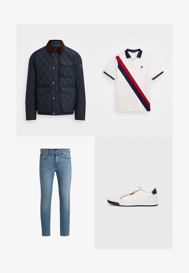 Casaco acolchoado azul-marinho com gola de veludo castanho, apresentando botões de pressão dourados, quatro bolsos frontais e um emblema no braço esquerdo.; Camisa polo branca com colarinho e punhos azuis marinho. Apresenta uma faixa diagonal vermelha e azul marinho. Logótipo bordado no peito.; Calças de ganga azul claro com corte justo, apresentando um fecho clássico de botões, passadores para cinto e bolsos frontais e traseiros.; Tênis atléticos brancos com detalhes em malha e couro. Apresenta um logotipo dourado "BOSS", painéis laterais texturizados e um capô de calcanhar preto. Sola em borracha.