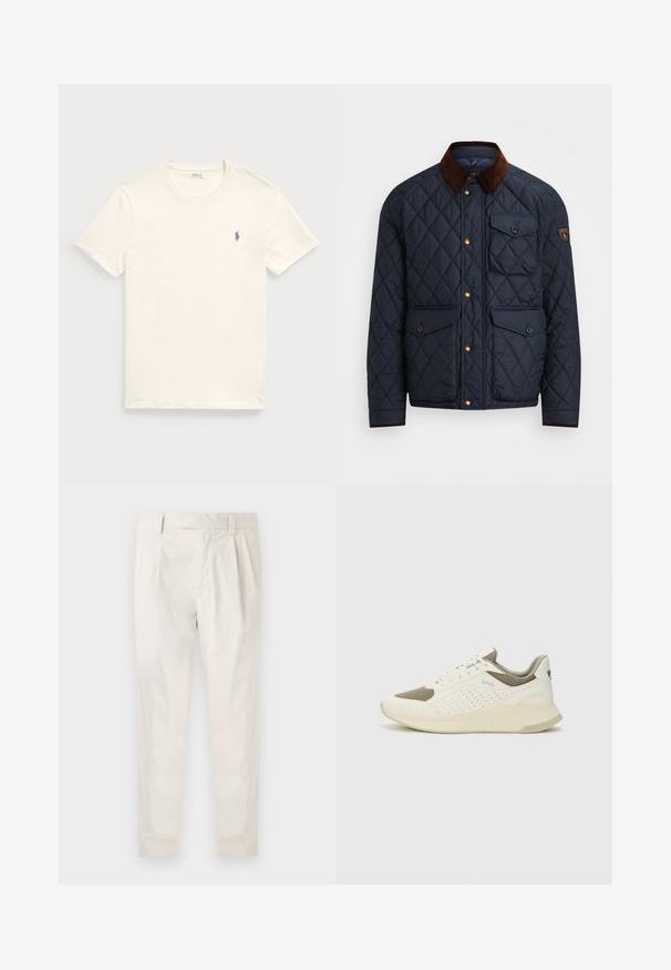 Mornarska jakna s prešito oblogo in rjavim kordom, s pozlačenimi naprstniki, štirimi sprednjimi žepi in logotipnim oznako na levem rokavu.; Kremna bombažna majica s kratkimi rokavi in okroglo ovratnikom. Ima majhen modro vezen logotip na levem prsnem delu.; Bele, plisirane hlače s krojenim prileganjem, z gladko teksturo, z zankami za pas in ožjimi hlačnicami. Brez vidnih žepov ali vzorcev.; Beli in svetlo bež športni copat, s mrežastim zgornjim delom, perforiranimi detajli in teksturirano srednjim delom z blagovno znamko na peti.