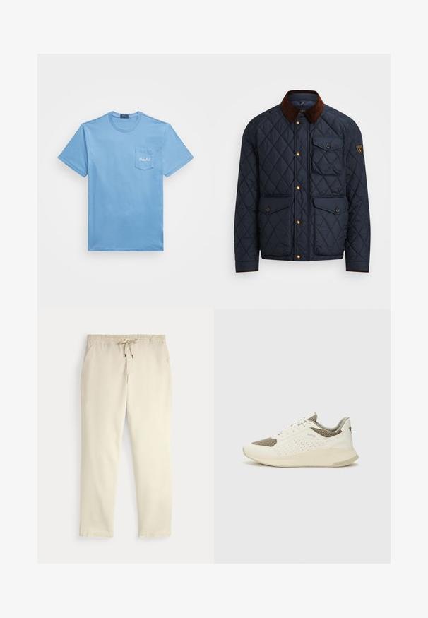 Casaco acolchoado azul-marinho com gola de veludo castanho, apresentando botões de pressão dourados, quatro bolsos frontais e um emblema no braço esquerdo.; T-shirt azul claro de manga curta com decote redondo, com um bolso no peito bordado com "Polo RL" em fio branco.; Calças casuais off-white com cintura elástica e cordão, pernas retas e bolsos laterais, contra um fundo liso.; Sapatilha atlética branca e bege claro, com parte superior em malha, detalhes perfurados e uma entressola texturizada com marcação no calcanhar.