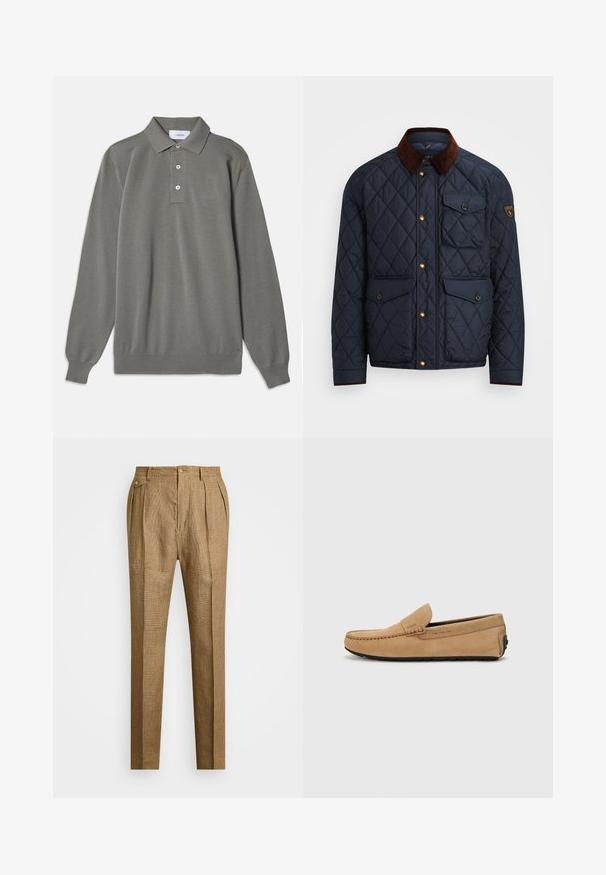 Námořnická prošívaná bunda s hnědým kordovým límcem, vybavená zlatými patentkami, čtyřmi předními kapsami a logem na levém rukávu.; Šedá polokošile s dlouhým rukávem vyrobená z texturované tkaniny, s klasickým límečkem, zapínáním na tři knoflíky a ribovanými manžetami.; Hnědé kostkované kalhoty se strukturovaným střihem, s tolikovým předním dílem, dvěma bočními kapsami a zapínáním na knoflík. Hladká textura s propracovaným designem.; Béžová semišová mokasína s prošívanou špičkou, nazouvací design a černá gumová podešev. Na boku se nachází nenápadné logo.