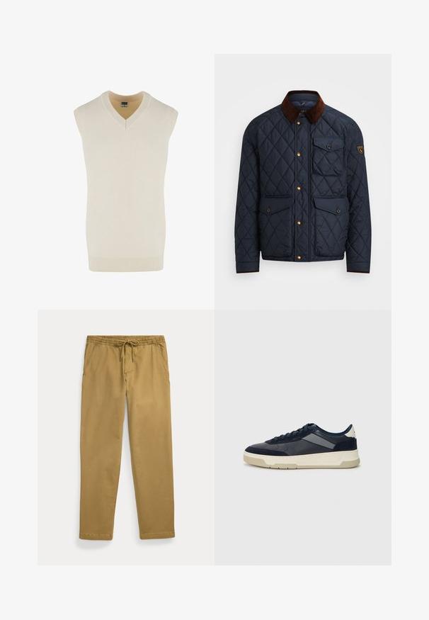 Navy quilted jacket with brown corduroy collar, featuring gold snap buttons, four front pockets, and a logo patch on the left sleeve.; Sleeveless cream v-neck sweater made of soft knit fabric. Features a ribbed neckline and bottom hem, with a straight cut design.; Khaki straight-leg pants with elastic waistband and front drawstring, featuring slanted front pockets and stitched hems.; BOSS BALTIMORE - Trainers - open blue