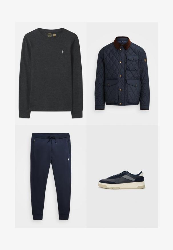 Ναυτικό πουπουλένιο μπουφάν με καφέ κορδόνι στον γιακά, διαθέτει χρυσά κουμπιά, τέσσερις μπροστινές τσέπες και ένα λογότυπο στο αριστερό μανίκι.; Σκούρο γκρι μακρυμάνικο μπλουζάκι από βαμβάκι. Διαθέτει στρογγυλή λαιμόκοψη και ένα μικρό κεντητό λογότυπο στην αριστερή πλευρά του στήθους. Μαλακή υφή.; Ναυτικές jogger παντελόνες κατασκευασμένες από μαλακό τζιν βαμβακερό μείγμα, διαθέτοντας ρυθμιζόμενη μέση, τσέπες με φερμουάρ και ένα μικρό λογότυπο στο αριστερό μπούστο.; BOSS BALTIMORE - Αθλητικά παπούτσια - open blue