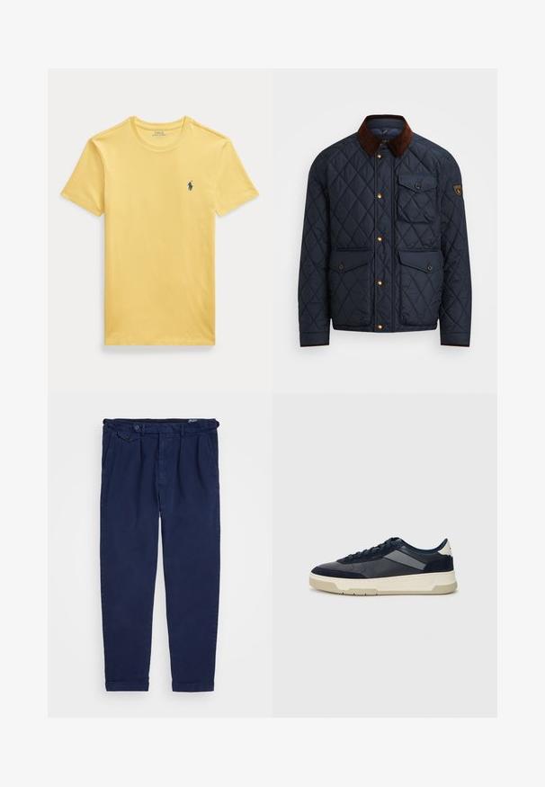 Marinblå quiltad jacka med brunt kordflosskoll, prydd med guldfärgade tryckknappar, fyra framfickor och en logotypapplikation på vänster ärm.; Gul bomullst-shirt med rund halsringning och korta ärmar. Har en liten blå broderad logotyp på vänster bröst.; Marina chinos i bomull, med rak benmodell, framfickor, knäppning och upprullade muddar. Slät textur med minimalistisk design.; BOSS BALTIMORE - Sneakers - open blue