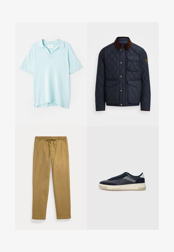 Casaco acolchoado azul-marinho com gola de veludo castanho, apresentando botões de pressão dourados, quatro bolsos frontais e um emblema no braço esquerdo.; Polo azul-claro de manga curta, com decote em V, corte descontraído, textura suave e fendas laterais para maior liberdade de movimento.; Calças khaki de perna reta com cintura elástica e cordão na frente, apresentando bolsos frontais inclinados e bainhas costuradas.; BOSS BALTIMORE - Sapatilhas - open blue