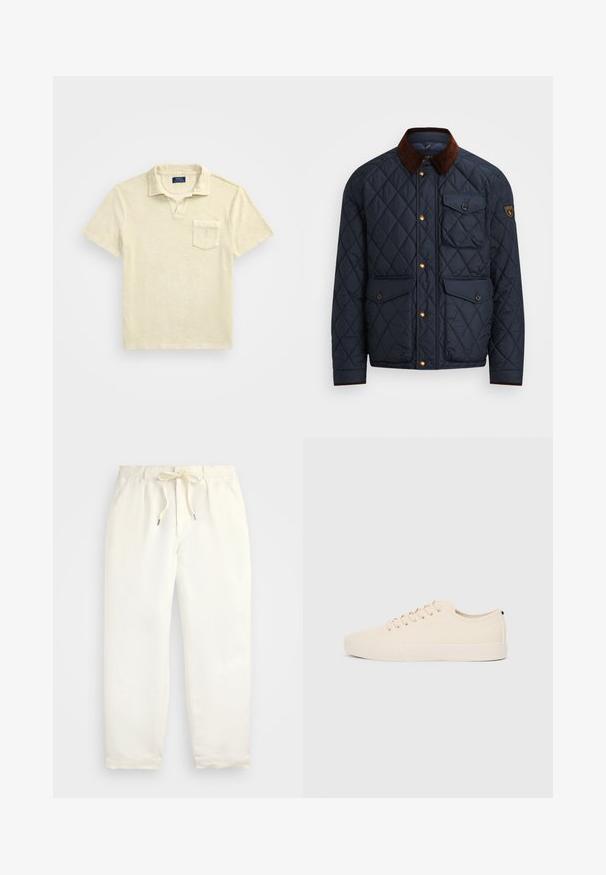 Ναυτικό πουπουλένιο μπουφάν με καφέ κορδόνι στον γιακά, διαθέτει χρυσά κουμπιά, τέσσερις μπροστινές τσέπες και ένα λογότυπο στο αριστερό μανίκι.; Πολυ κοντομάνικο πόλο μπλουζάκι σε ανοιχτό μπεζ, από μαλακό βαμβάκι, με γιακά και μπροστινή τσέπη. Υφασμάτινη επιφάνεια με χαλαρή εφαρμογή.; Απαλή κρέμα, χαλαρές παντελόνες φτιαγμένες από μαλακό ύφασμα. Διαθέτουν ελαστική μέση με κορδόνι, και σχέδιο κωνικού ποδιού.; Μπεζ καμβάς αθλητικά παπούτσια με στρογγυλή μύτη, επίπεδη λαστιχένια σόλα και κορδόνια. Διαθέτουν ελάχιστο σχέδιο και μαύρη αντίθεση στο τακούνι.