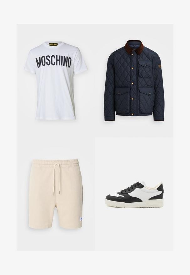 Chaqueta acolchada en color navy con cuello de pana marrón, que cuenta con botones a presión dorados, cuatro bolsillos frontales y un parche de logo en la manga izquierda.; Camiseta de algodón blanca con "MOSCHINO" en letras negras en negrita en el pecho. Mangas cortas y cuello redondo.; Pantalones cortos color crema hechos de tela texturizada. Presentan una cintura elástica con cordón y bolsillos laterales. Etiqueta pequeña en el dobladillo.; Zapatilla en blanco y negro con un upper de cuero suave, puntera redondeada y suela de goma plana. Presenta cordones negros y un forro interno suave.