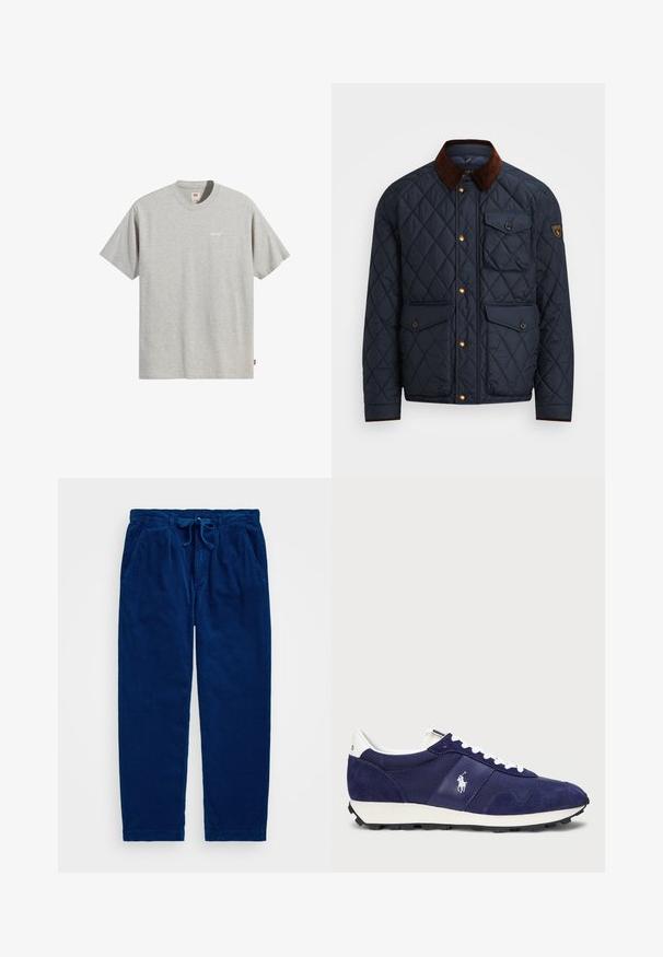 Tumesinine tikandiga jope pruunist korduroyst kraest, millel on kuldsed nupud, neli esipoolset taskut ja logokleeps vasakul varrukal.; Halli puuvillane T-särk, millel on ümmargune kaelus, lühikesed varrukad ja rinnal väike valge "Levi's" logo. Lihtne ja sirge lõikega disain.; Polo Ralph Lauren POLO PREPSTER CORDUROY EASY TROUSER - Püksid - american heritage royal; Tumes sinised tossud, mis on valmistatud nahast ja riidest, valged paelad, kummist tallad ja väike logo küljes.