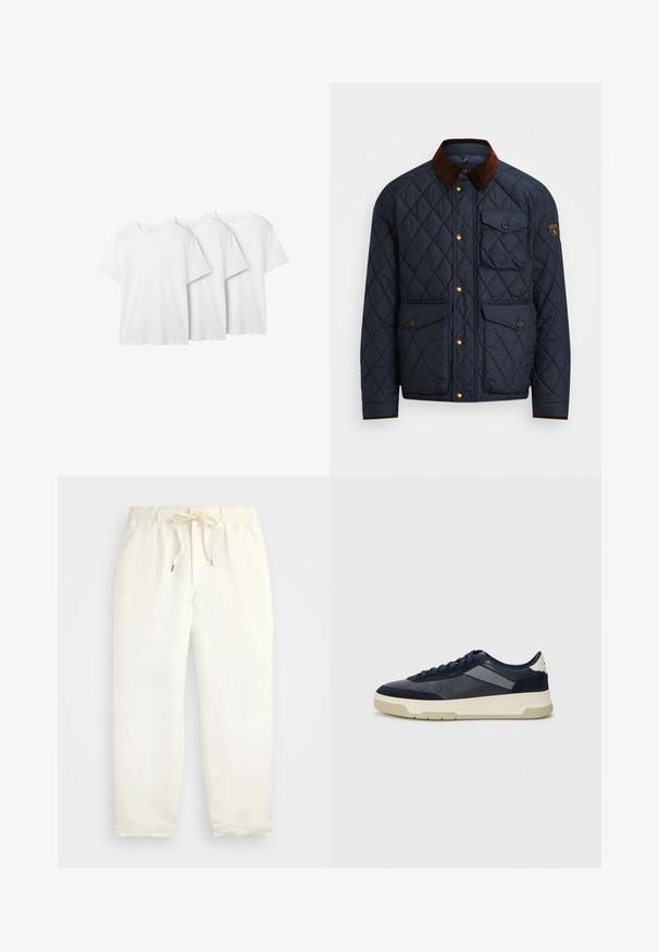Námornícky prešívaný kabát s hnedým kordovým golierom, ktorý má zlaté cvoky, štyri predné vrecká a nášivku s logom na ľavom rukáve.; Tri klasické biele tričká s okrúhlym výstrihom z bavlny. Krátke rukávy s voľným strihom. Každé má štítok na výstrihu. Bez vzorov alebo akcentov.; Svetlo krémové, voľné nohavice vyrobené z mäkkého materiálu. Majú elastický pás s šnúrkou a zúžený strih nohavíc.; BOSS BALTIMORE - Tenisky - open blue