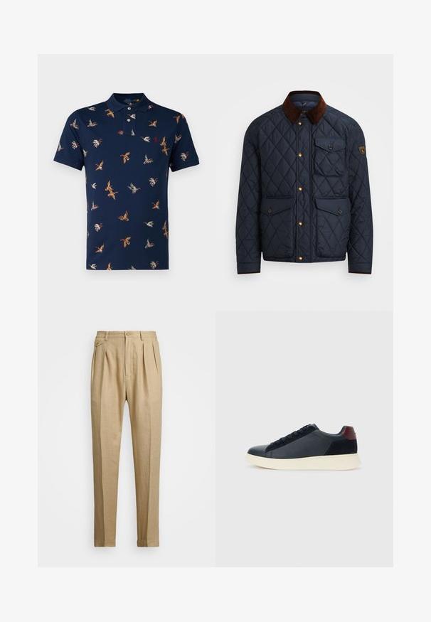 Jūrinis šiltas striukė su rudu kordurojo apykakle, su auksiniais spaustukais, keturiomis priekinėmis kišenėmis ir logotipo pleistru kairiajame rankove.; Polo Ralph Lauren SHORT SLEEVE - Polo marškinėliai - newport navy; Bežinės lininės kelnės tiesaus kirpimo, turinčios dvi priekinės klostes, sagų užsegimą ir šonines kišenes. Tekstūruotas audinys su lygiu paviršiumi.; Juodos odinės ir zomšinės vyriškos žemos sportinės avalynės su bordo spalvos kulkšnių juostele ir balto kaučiuko padu vaizdas iš išorės.