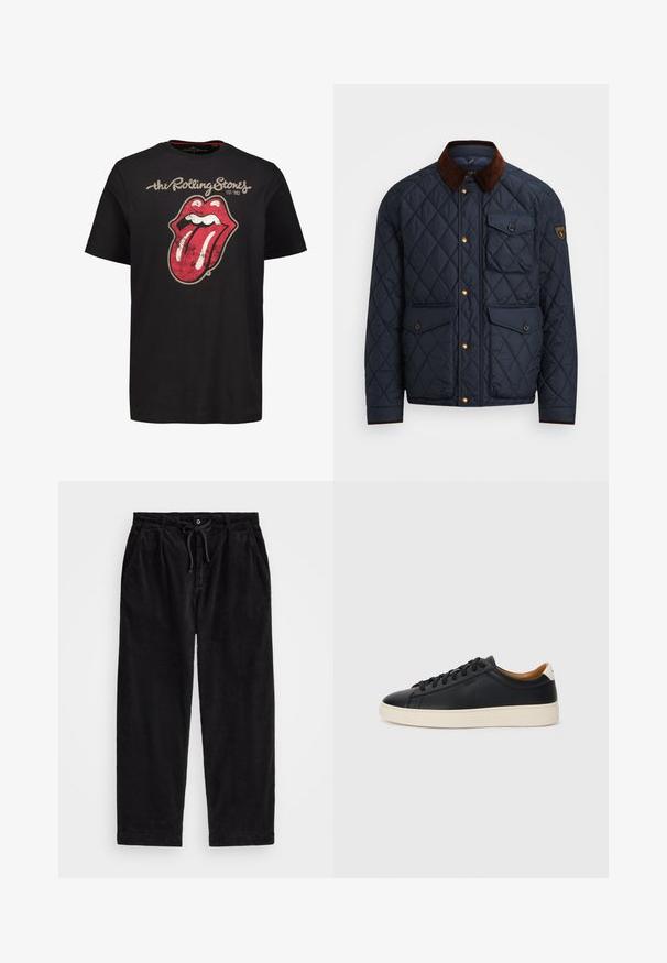 Marineblauer Steppjacke mit braunem Cordkragen, ausgestattet mit goldfarbenen Druckknöpfen, vier Fronttaschen und einem Logopatch am linken Ärmel.; Schwarzes Baumwoll-T-Shirt mit einem großen, abgenutzten roten Zungen- und Mund-Logo. Darüber steht der Text "the Rolling Stones" und das Gründungsjahr darunter.; Schwarze Cordhosen mit lässiger Passform, ausgestattet mit einem elastischen Bund mit Kordelzug und Seitentaschen. Der Stoff zeigt eine gerippte Struktur.; Schwarze Ledersneaker mit glatter Textur, beiger Gummisohle, Schnürdesign und einem kontrastierenden Fersenakzent.