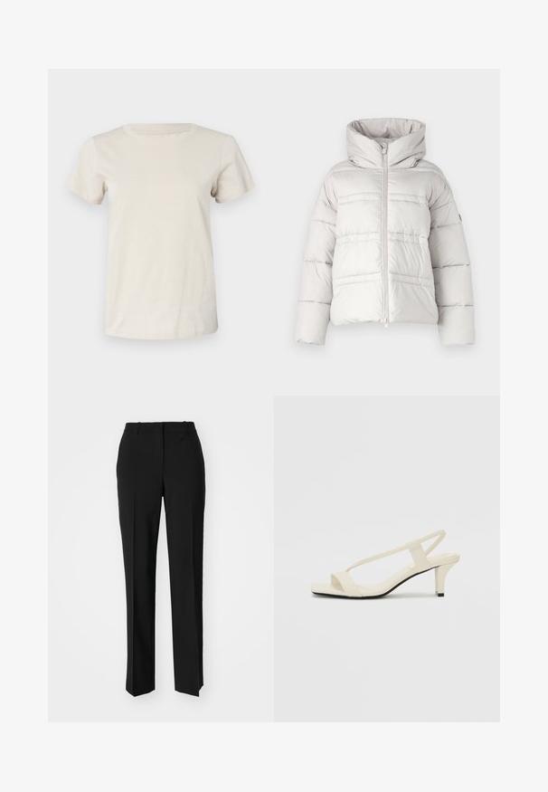 Light gray puffer jacket with a high collar, front zipper closure, and horizontal stitch detailing; features padded texture and loose fit.; Light beige short-sleeve cotton t-shirt with a round neckline and subtle front text detail. Smooth texture and relaxed fit.; Black tailored trousers with a straight-leg design, featuring a smooth texture and crisp creases along the front. No visible hardware.; Beige block-heeled sandals with thin straps and a square toe. Smooth material with minimal detailing, designed for easy wear.