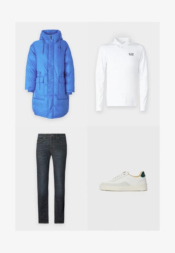 Sininen puhallettava takki, jossa on korkea kaulus, huppu, edessä vetoketju, kaksi suurta etutaskua ja säädettävät nyörit. Tasainen, kiiltävä materiaali.; Valkoinen pitkähihaiset polo-paita, joka on valmistettu puuvillasta. Siinä on klassinen kaulus, kolme nappia ja musta EA7-logo rinnassa.; Tummansiniset farkut suoran leikkauksen, nappikiinnityksen ja viiden taskun kanssa. Kangas on sileä, ja siinä on hienovaraisia ompeluyksityiskohtia.; Valkoiset tennarit, joissa on nahkaosia, pyöreä kärki, tasaiset nauhat ja kermaisa kumi-pohja. Takana vihreä brändäys.