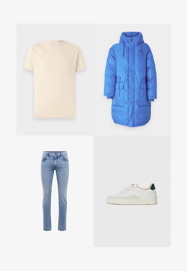 Blue puffer coat with a high collar, hood, front zip, two large front pockets, and adjustable drawstrings. Smooth, shiny material.; Beige cotton t-shirt with a crew neck and short sleeves. Smooth texture with no patterns or graphics. Simple, classic design.; Light blue denim jeans with a slim fit, five pockets, and a straight leg design. Features a zipper fly and belt loops. Soft texture.; White sneaker with suede accents, rounded toe, flat laces, and a cream rubber sole. Features green branding on the heel.