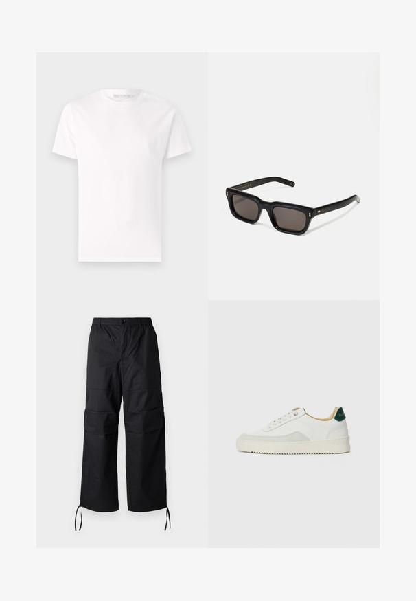 Mėlynas pūkinis paltas su aukšta apykakle, kapišonu, priekiniais užtrauktukais, dviem didelėmis priekinėmis kišenėmis ir reguliuojamomis raištelėmis. Lygi, blizgi medžiaga.; Balta medvilnės marškinėliai trumpomis rankovėmis, su apvaliu kaklu ir lygiu, minkštu paviršiumi. Be raštų; paprastas dizainas.; Juodos krovinių kelnės, pagamintos iš lengvo audinio, su plačiomis kojomis, elastingu juosmeniu ir reguliuojamais raiščiais ant kelnių apačių. Dvi šoninės kišenės.; Baltos sportbačiai su zomšos akcentais, apvaliu nosiu, plokščiais raišteliais ir kreminės spalvos guminiu padu. Ant kulno yra žalia ženklinimo detalė.; Juodos stačiakampės akinių nuo saulės su tamsiais objektyvais, storu plastiko rėmu, auksinėmis detalėmis ant šventyklų ir prekės ženklo logotipu išgraviruotu ant šono.