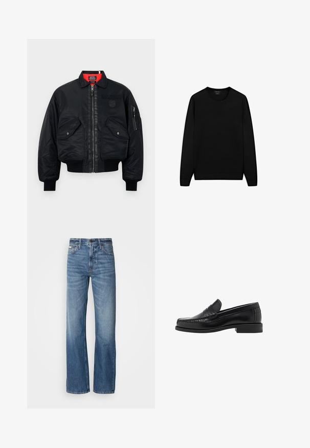 Zwarte bomberjack met ritssluiting, voorzien van een rode binnenvoering, twee voorzakken en een zijzak. Getextureerde stof met een matte afwerking.; Zwarte lange mouwen trui met ronde hals. Gemaakt van zachte stof, met een klassieke pasvorm en geribde mouwen en onderrand. Geen patronen of accenten.; Grijze overhemd met lange mouwen, gemaakt van glad katoen. Heeft een klassieke kraag en een afgeronde zoom met zes donkere knopen aan de voorkant.; Blauwe spijkerbroek met een rechte pijp, hoge taille en subtiele vervaging. Voorzien van een knoop- en ritssluiting, en een klassieke vijf-pocketontwerp.; Zwarte leren instappers met een gladde afwerking, gestikte details op de neus en een lage hakontwerp voor comfort en stijl.