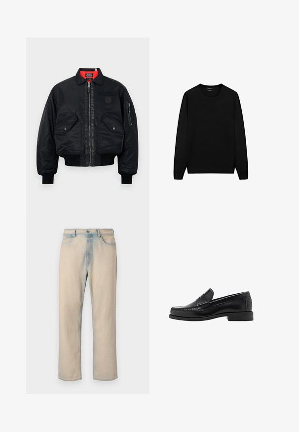 Svart bomberjacka med dragkedja, som har ett rött innerfoder, två framlager, och en sidoficka. Texturerad tyg med matt finish.; Svart långärmad tröja med rund halsringning. Tillverkad av mjukt tyg och har en klassisk passform med ribbade muddar och fåll. Ingen mönster eller dekorationer.; Grå långärmad skjorta med knappar, gjord av mjuk bomull. Har en klassisk krage och rundad nederkant med sex mörka knappar fram.; Ljust beige denim jeans med rak bendesign, blekta blå accenter, fem fickor och knappstängning vid midjan.; Svarta läderloafers med en slät finish, sömnadsdetaljer på tån och en låg klackdesign för komfort och stil.