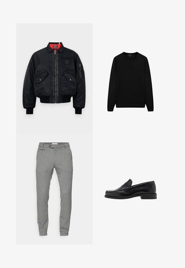Czarna kurtka bombowca z zamkiem błyskawicznym, z czerwoną podszewką, dwoma przednimi kieszeniami i jedną kieszenią boczną. Teksturowany materiał o matowym wykończeniu.; Czarny sweter z długim rękawem i okrągłym dekoltem. Wykonany z miękkiego materiału, o klasycznym kroju z ribbowanymi mankietami i dołem. Bez wzorów ani akcentów.; Szara, długosleeve koszula zapinana na guziki, wykonana z gładkiego bawełnianego materiału. Posiada klasyczny kołnierzyk i zaokrąglony dół oraz sześć ciemnych guzików z przodu.; Szare spodnie z teksturowanej, tkanej tkaniny; dopasowany krój; pięć kieszeni; zapięcie na guzik; zwężane nogawki; subtelny wzór.; Czarne skórzane mokasyny o gładkim wykończeniu, ze stębnowaniem na nosie i niskim obcasem, zapewniającymi komfort i styl.