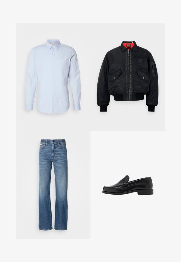 Černá bomber bunda se zipovým zapínáním, s červenou podšívkou, dvěma předními kapsami a jednou boční kapsou. Texturovaná tkanina s matným povrchem.; Černý svetr s dlouhým rukávem akulatým výstřihem. Vyrobený z měkké látky, s klasickým střihem a žebrovanými manžetami a lemem. Bez vzorů nebo akcentů.; Světle modrá košile s dlouhým rukávem na knoflíky vyrobená z bavlny, s klasickým límečkem, má na hrudi malé logo a rovný lem.; Modré džíny z denimu s rovnou nohavicí, vysokým pasem a jemným vyblednutím. Obsahují zapínání na knoflík a zip, a klasický pětikapsový design.; Černé kožené mokasíny s hladkým povrchem, prošíváním na špičce a nízkým podpatkem pro komfort a styl.