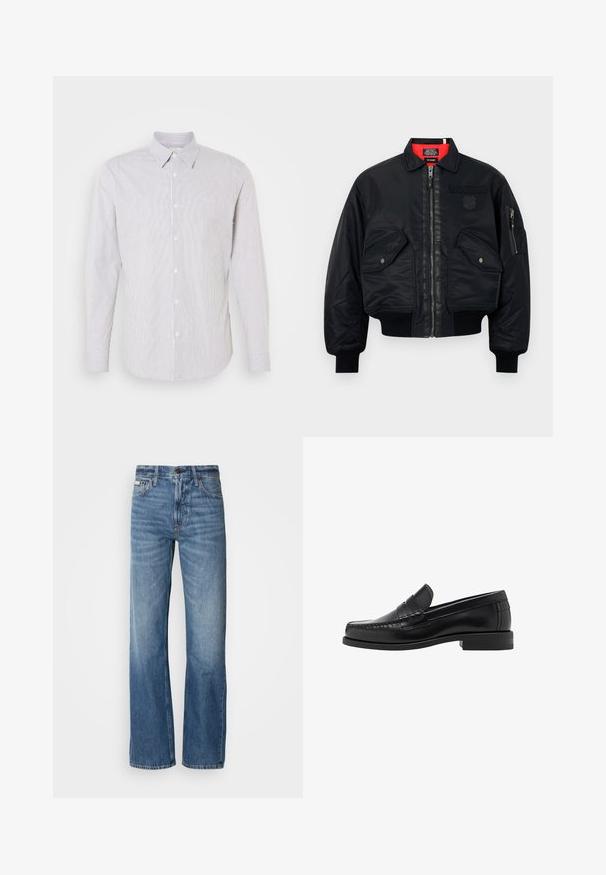 Černá bomber bunda se zipovým zapínáním, s červenou podšívkou, dvěma předními kapsami a jednou boční kapsou. Texturovaná tkanina s matným povrchem.; Černý svetr s dlouhým rukávem akulatým výstřihem. Vyrobený z měkké látky, s klasickým střihem a žebrovanými manžetami a lemem. Bez vzorů nebo akcentů.; Bílá košile s dlouhým rukávem a límečkem, s úzkými modrými pruhy, se zapínáním na knoflíky vpředu a malým logem na hrudi.; Modré džíny z denimu s rovnou nohavicí, vysokým pasem a jemným vyblednutím. Obsahují zapínání na knoflík a zip, a klasický pětikapsový design.; Černé kožené mokasíny s hladkým povrchem, prošíváním na špičce a nízkým podpatkem pro komfort a styl.