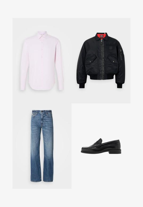 Czarna kurtka bombowca z zamkiem błyskawicznym, z czerwoną podszewką, dwoma przednimi kieszeniami i jedną kieszenią boczną. Teksturowany materiał o matowym wykończeniu.; Czarny sweter z długim rękawem i okrągłym dekoltem. Wykonany z miękkiego materiału, o klasycznym kroju z ribbowanymi mankietami i dołem. Bez wzorów ani akcentów.; Jasnoróżowa koszula z długim rękawem, z zapięciem na guziki, kołnierzykiem w szpic i gładką fakturą. Posiada subtelne pionowe paski oraz dopasowany krój.; Niebieskie dżinsy z prostymi nogawkami, wysokim stanem i delikatnym wyblaknięciem. Zawierają zapięcie na guzik i zamek błyskawiczny oraz klasyczny pięciopocketowy design.; Czarne skórzane mokasyny o gładkim wykończeniu, ze stębnowaniem na nosie i niskim obcasem, zapewniającymi komfort i styl.