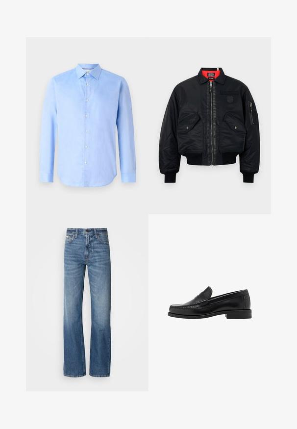 Black bomber jacket with a zip closure, featuring a red inner lining, two front pockets, and a side pocket. Textured fabric with a matte finish.; Black long-sleeve sweater with a round neckline. Made of soft fabric, featuring a classic fit and ribbed cuffs and hem. No patterns or accents.; Light blue, long-sleeve button-up shirt made of woven fabric. Features a classic collar and six front buttons. Smooth texture and fitted design.; Blue denim jeans with a straight-leg cut, high waist, and subtle fading. Includes a button and zipper closure, and classic five-pocket design.; Black leather loafers with a smooth finish, stitched detailing on the toe, and a low heel design for comfort and style.