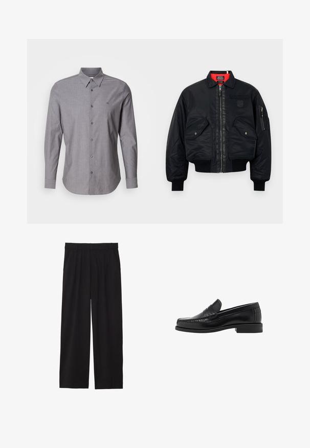Sort bomberjakke med lynlås, der har en rød inderforing, to frontlommer og en sidelomme. Struktureret stof med mat finish.; Sort langærmet sweater med rund halsudskæring. Lavet af blødt stof, med en klassisk pasform og ribstrikkede manchetter og kant. Ingen mønstre eller detaljer.; Gråstribet langærmet skjorte lavet af bomuld, med en krave med knapper og et logo på venstre bryst. Slim fit design.; Sorte brede bukser med en plisseret front, sidelommer og en glat stoftekstur. Designet til en afslappet pasform.; Sorte læder loafers med en glat finish, syede detaljer på tåen og et lavt hældesign for komfort og stil.