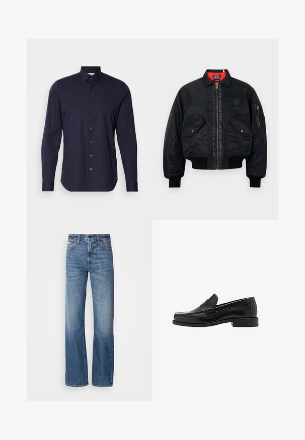 Černá bomber bunda se zipovým zapínáním, s červenou podšívkou, dvěma předními kapsami a jednou boční kapsou. Texturovaná tkanina s matným povrchem.; Černý svetr s dlouhým rukávem akulatým výstřihem. Vyrobený z měkké látky, s klasickým střihem a žebrovanými manžetami a lemem. Bez vzorů nebo akcentů.; Námořnická košile na knoflíky s dlouhými rukávy, klasickým límcem a úzkým střihem. Vyrobena z hladkého materiálu s jemným logem na prsou.; Modré džíny z denimu s rovnou nohavicí, vysokým pasem a jemným vyblednutím. Obsahují zapínání na knoflík a zip, a klasický pětikapsový design.; Černé kožené mokasíny s hladkým povrchem, prošíváním na špičce a nízkým podpatkem pro komfort a styl.