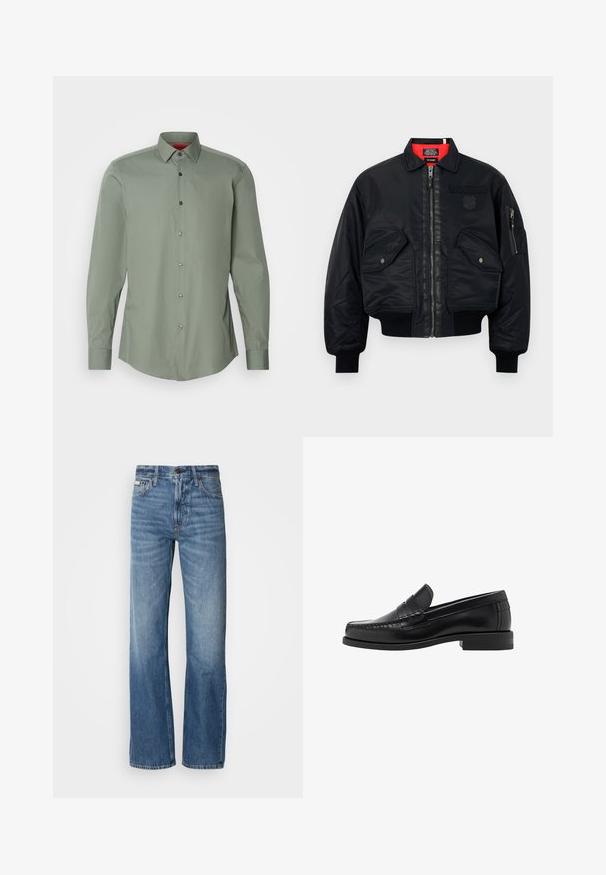 Zwarte bomberjack met ritssluiting, voorzien van een rode binnenvoering, twee voorzakken en een zijzak. Getextureerde stof met een matte afwerking.; Zwarte lange mouwen trui met ronde hals. Gemaakt van zachte stof, met een klassieke pasvorm en geribde mouwen en onderrand. Geen patronen of accenten.; Lange mouw shirt in gedempt groen, lichtgewicht stof. Heeft een button-down kraag, grijze knoppen en een afgeronde zoom.; Blauwe spijkerbroek met een rechte pijp, hoge taille en subtiele vervaging. Voorzien van een knoop- en ritssluiting, en een klassieke vijf-pocketontwerp.; Zwarte leren instappers met een gladde afwerking, gestikte details op de neus en een lage hakontwerp voor comfort en stijl.