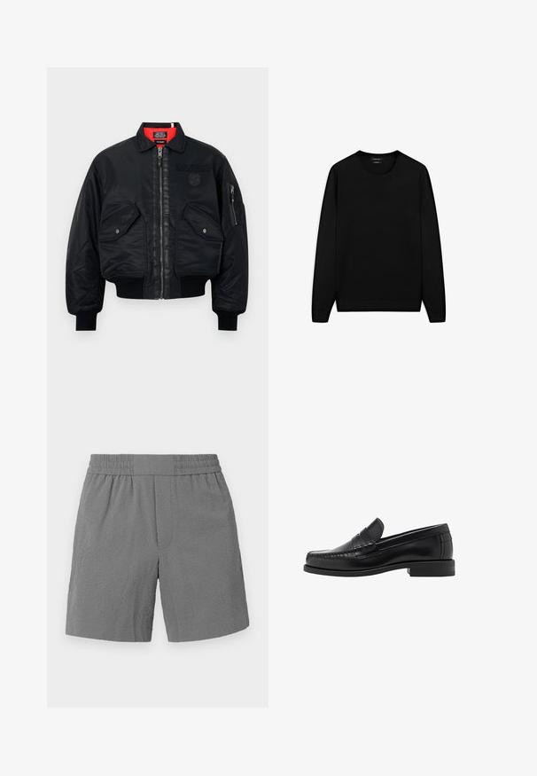 Sort bomberjakke med lynlås, der har en rød inderforing, to frontlommer og en sidelomme. Struktureret stof med mat finish.; Sort langærmet sweater med rund halsudskæring. Lavet af blødt stof, med en klassisk pasform og ribstrikkede manchetter og kant. Ingen mønstre eller detaljer.; Grå shorts med elastisk talje, struktureret stof og lige snit. Har to sidelommer og et subtilt mønster.; Sorte læder loafers med en glat finish, syede detaljer på tåen og et lavt hældesign for komfort og stil.