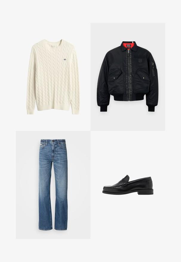 Schwarze Bomberjacke mit Reißverschluss, featuring ein rotes Innenfutter, zwei Fronttaschen und eine Seitentasche. Strukturierter Stoff mit matter Oberfläche.; Cremefarbener Strickpullover mit Rundhalsausschnitt, gerippten Bündchen und Saum. Verfügt über ein kleines gesticktes Logo an der oberen linken Brustseite.; Graues Langarm-Hemd mit Knopfverschluss, hergestellt aus glattem Baumwollstoff. Verfügt über einen klassischen Kragen und einen abgerundeten Saum mit sechs dunklen Knöpfen auf der Vorderseite.; Blaue Denim-Jeans mit geradem Bein, hoher Taille und dezenten Ausbleichungen. Sie verfügen über einen Knopf- und Reißverschluss sowie ein klassisches Fünf-Taschen-Design.; Schwarze Lederloafer mit glatter Oberfläche, genähten Details an der Zehe und einem flachen Absatzdesign für Komfort und Stil.