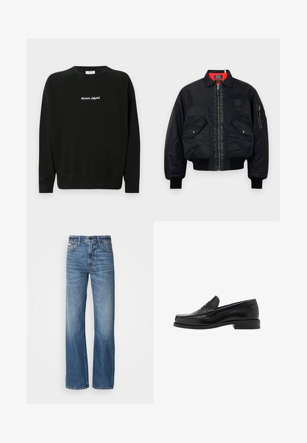 Čierna bombera bunda so zipsom, ktorá má červenú vnútornú podšívku, dve predné vrecká a bočné vrecko. Textúrovaná látka s matným povrchom.; Čierna mikina s rebrovanými manžetami a lemem, so bielym vyšitým nápisom "Maison Kitsuné" na hrudníku. Mäkký bavlnený materiál.; Modré džíny z denimoviny so strihaním rovného nohavice, vysokým pásom a jemným vyblednutím. Obsahujú zapínanie na gombík a zips a klasický dizajn s piatimi vreckami.; Čierne kožené loafers s hladkým povrchom, prešívané detaily na špičke a nízky dizajn podpätku pre pohodlie a štýl.