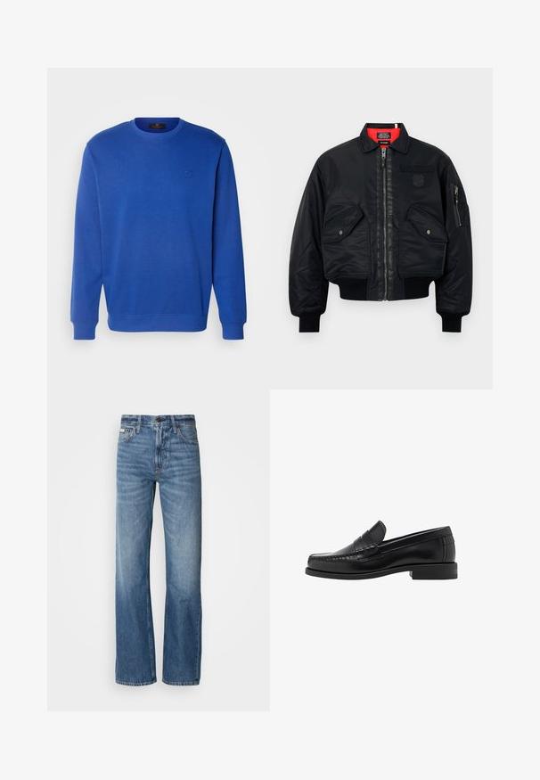 Crna bomber jakna s patentnim zatvaračem, koja ima crvenu unutarnju podlogu, dva prednja džepa i bočni džep. Teksturirana tkanina s mat završetkom.; Plavi dukserica s okruglim izrezom, dugim rukavima i rebrastim rubovima. Sadrži suptilan vezeni logo na prsima. Materijal od mješavine pamuka.; Siva košulja dugih rukava s dugim gumbima, izrađena od glatke pamučne tkanine. Ima klasičan ovratnik i zaobljeni rub s šest tamnih dugmadi sprijeda.; Plave traperice sa ravnim krojem, visokim strukom i suptilnim izbljeđenjem. Uključuju kopčanje na dugme i patentni zatvarač, te klasičan dizajn s pet džepova.; Crne kožne mokasine s glatkom površinom, šivenim detaljima na prstu i dizajnom niskog potplata za udobnost i stil.