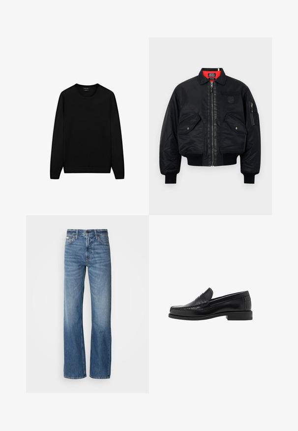 Černá bomber bunda se zipovým zapínáním, s červenou podšívkou, dvěma předními kapsami a jednou boční kapsou. Texturovaná tkanina s matným povrchem.; Černý svetr s dlouhým rukávem akulatým výstřihem. Vyrobený z měkké látky, s klasickým střihem a žebrovanými manžetami a lemem. Bez vzorů nebo akcentů.; Šedá košile s dlouhým rukávem na knoflíky vyrobená z hladké bavlny. Má klasický límec a zaoblený lem s šesti tmavými knoflíky vpředu.; Modré džíny z denimu s rovnou nohavicí, vysokým pasem a jemným vyblednutím. Obsahují zapínání na knoflík a zip, a klasický pětikapsový design.; Černé kožené mokasíny s hladkým povrchem, prošíváním na špičce a nízkým podpatkem pro komfort a styl.