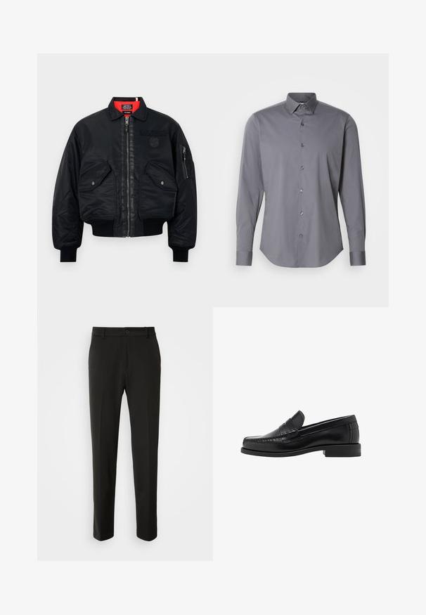 Zwarte bomberjack met ritssluiting, voorzien van een rode binnenvoering, twee voorzakken en een zijzak. Getextureerde stof met een matte afwerking.; Grijze overhemd met lange mouwen, gemaakt van glad katoen. Heeft een klassieke kraag en een afgeronde zoom met zes donkere knopen aan de voorkant.; Zwarte broek van gladde stof, met rechte pijpen, een knoopsluiting en een klassiek ontwerp dat geschikt is voor zowel formele als casual gelegenheid.; Zwarte leren instappers met een gladde afwerking, gestikte details op de neus en een lage hakontwerp voor comfort en stijl.