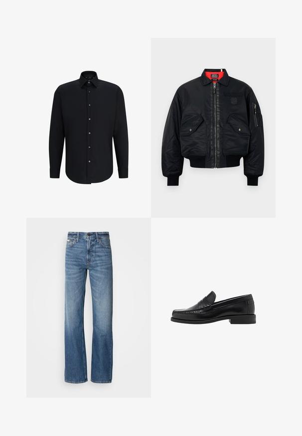 Zwarte bomberjack met ritssluiting, voorzien van een rode binnenvoering, twee voorzakken en een zijzak. Getextureerde stof met een matte afwerking.; Zwarte longsleeve shirt van gladde stof, met een puntige kraag en een knoopsluiting aan de voorkant met zes metalen knopen en verstelbare manchetten.; Blauwe spijkerbroek met een rechte pijp, hoge taille en subtiele vervaging. Voorzien van een knoop- en ritssluiting, en een klassieke vijf-pocketontwerp.; Zwarte leren instappers met een gladde afwerking, gestikte details op de neus en een lage hakontwerp voor comfort en stijl.