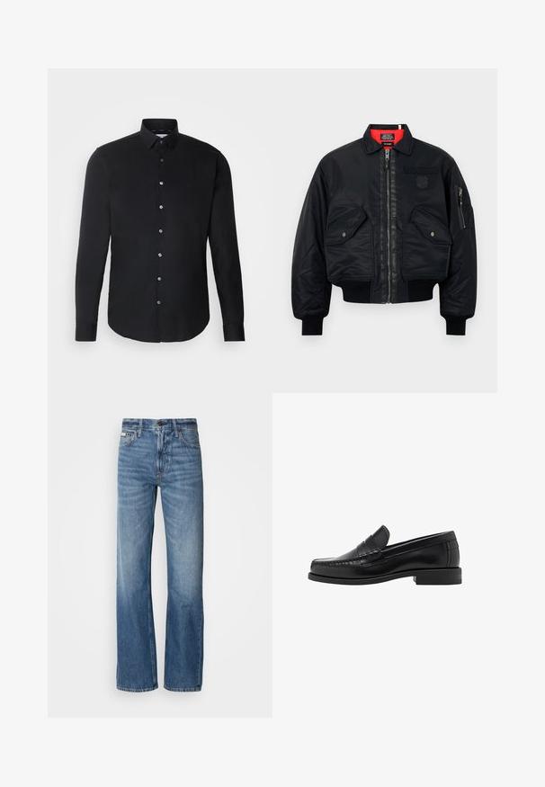 Zwarte bomberjack met ritssluiting, voorzien van een rode binnenvoering, twee voorzakken en een zijzak. Getextureerde stof met een matte afwerking.; Zwarte longsleeve shirt met een button-down kraag, frontknopen, rechte zoom en een gladde textuur; subtiele branding op de borst.; Blauwe spijkerbroek met een rechte pijp, hoge taille en subtiele vervaging. Voorzien van een knoop- en ritssluiting, en een klassieke vijf-pocketontwerp.; Zwarte leren instappers met een gladde afwerking, gestikte details op de neus en een lage hakontwerp voor comfort en stijl.