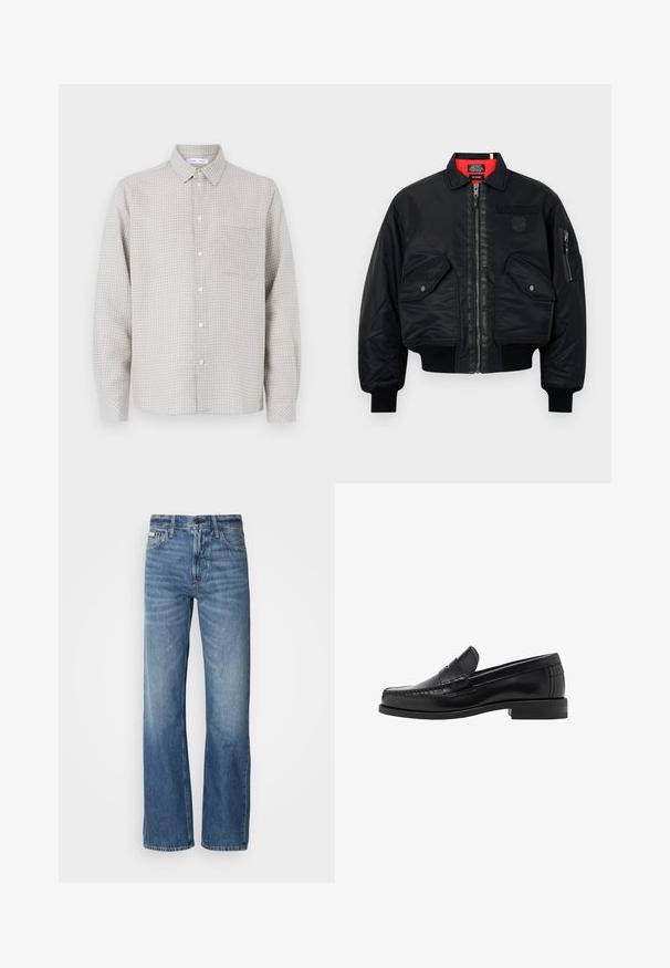 Černá bomber bunda se zipovým zapínáním, s červenou podšívkou, dvěma předními kapsami a jednou boční kapsou. Texturovaná tkanina s matným povrchem.; Světle šedá košile s dlouhým rukávem na knoflíky s kostkovaným vzorem, obsahující jednu náprsní kapsu a klasický límec. Vyrobeno z tkané látky.; Modré džíny z denimu s rovnou nohavicí, vysokým pasem a jemným vyblednutím. Obsahují zapínání na knoflík a zip, a klasický pětikapsový design.; Černé kožené mokasíny s hladkým povrchem, prošíváním na špičce a nízkým podpatkem pro komfort a styl.